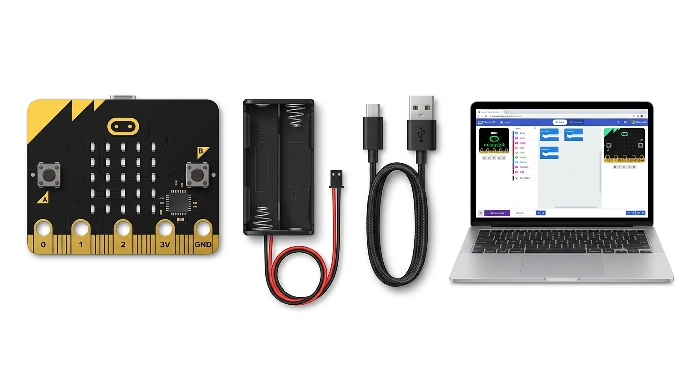 Pe masă: laptop cu acces la internet, cablu micro-USB, plăcuța micro:bit, suport de baterii și baterii