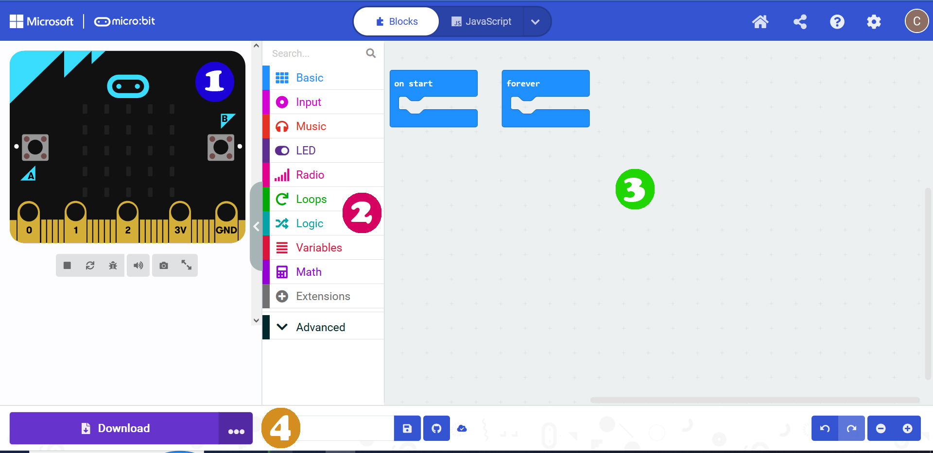 Editorul MakeCode cu cele patru zone numerotate: Geamănul, sertarele cu blocuri, Masa de lucru și butonul Download