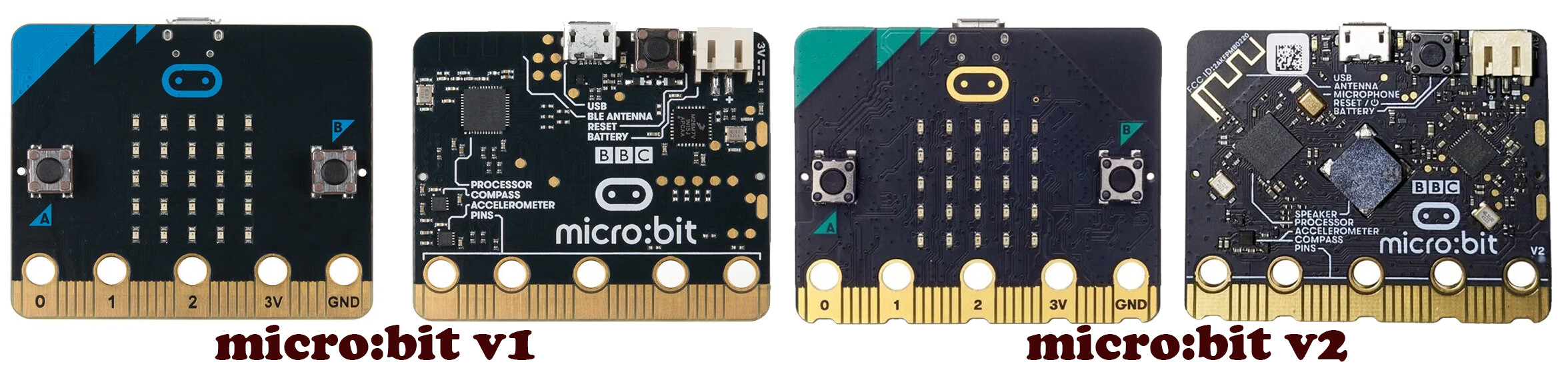 Plăcuțele micro:bit V1 și V2, văzute din față și din spate